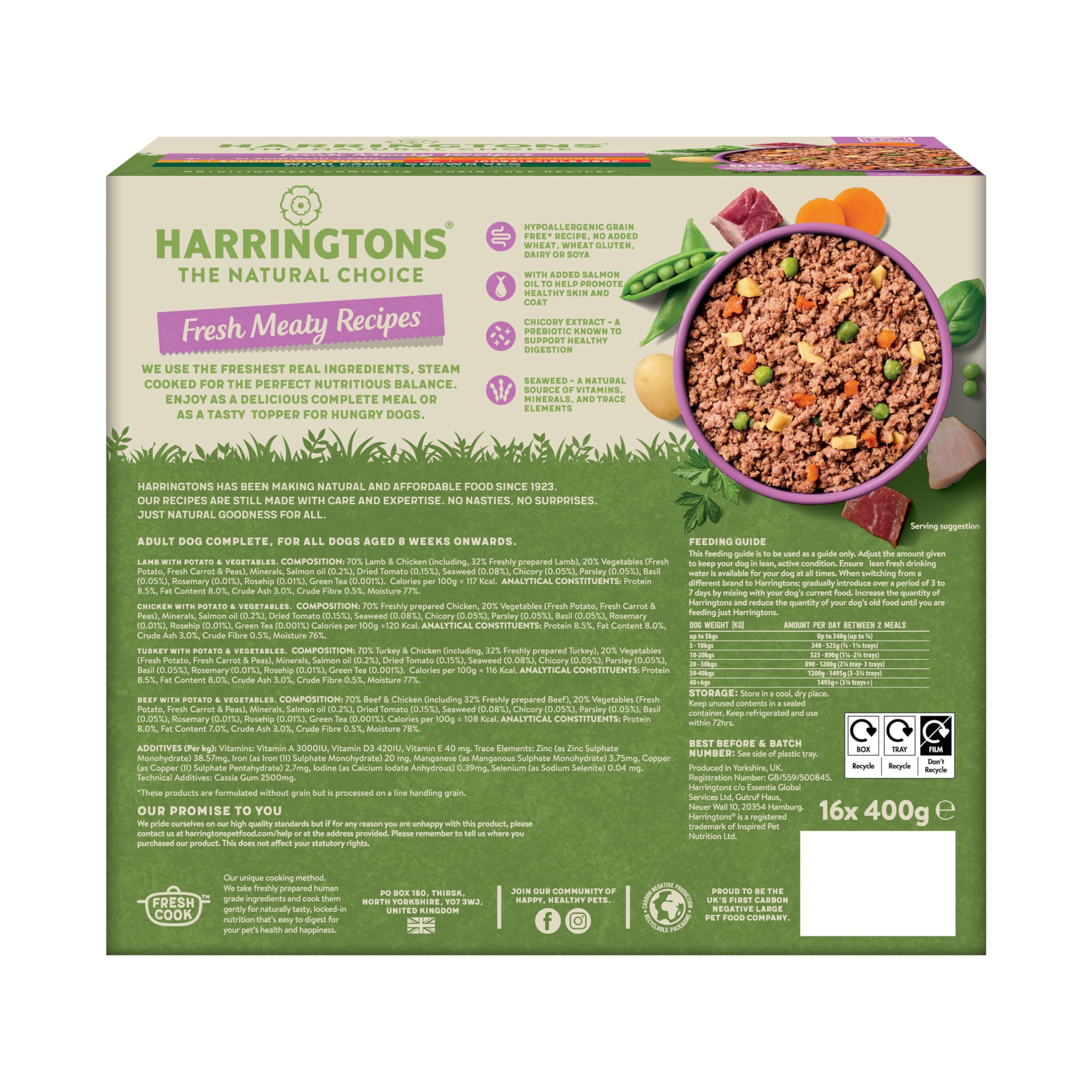 Harringtons Complete Wet Tray Grain Free Hypoallergenic Adult Dog Food Meaty Bumper Pack 16x400g - Chicken, Lamb, Beef & Turkey - Made with All Natural Ingredients (Package may vary)