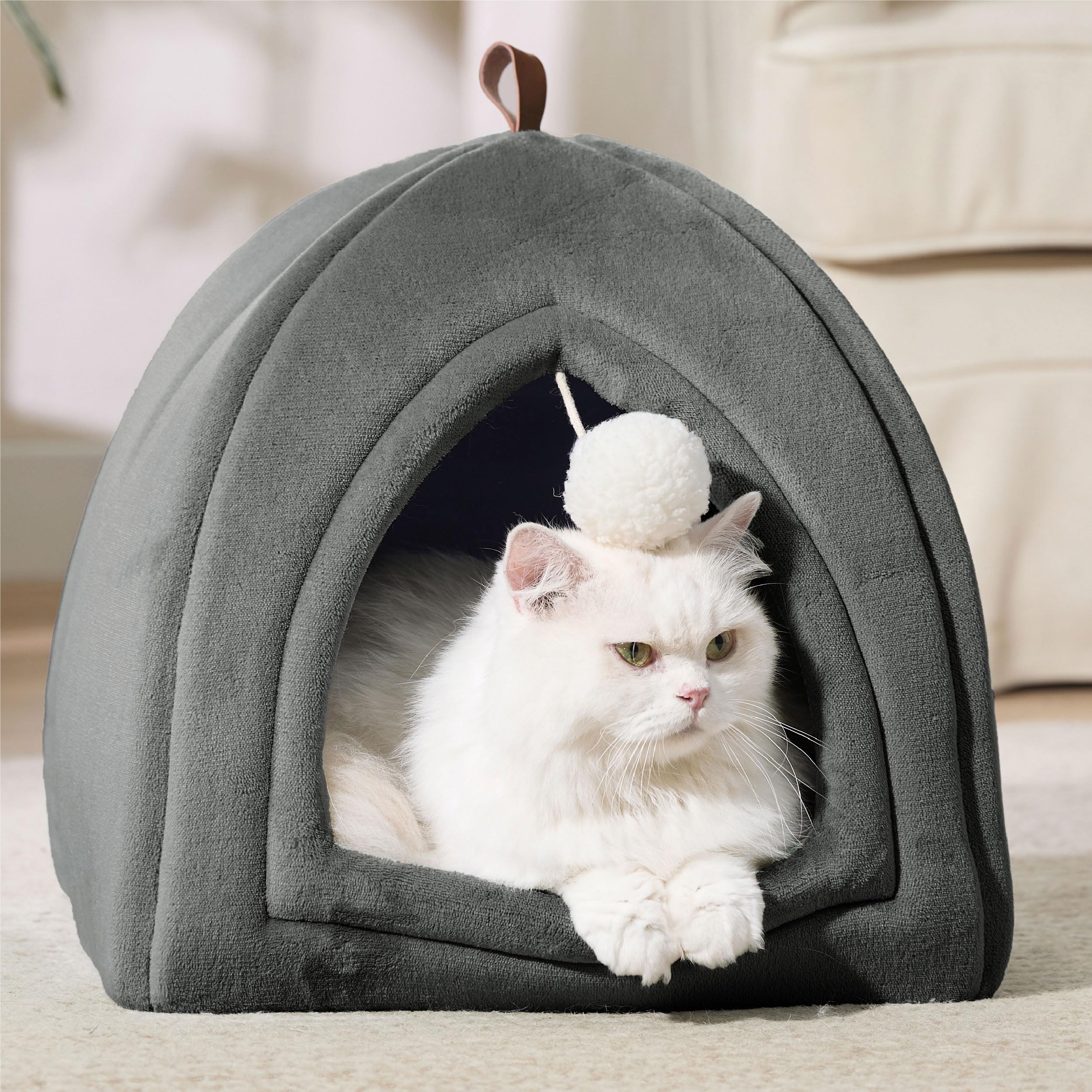 Bedsure Cat Cave Bed Indoor - Flannel Hooded Cat Igloo House, 40x40x40cm Enclosed Foldable Pet Bed with Removable Washable Cushion Pillow, Dark Grey