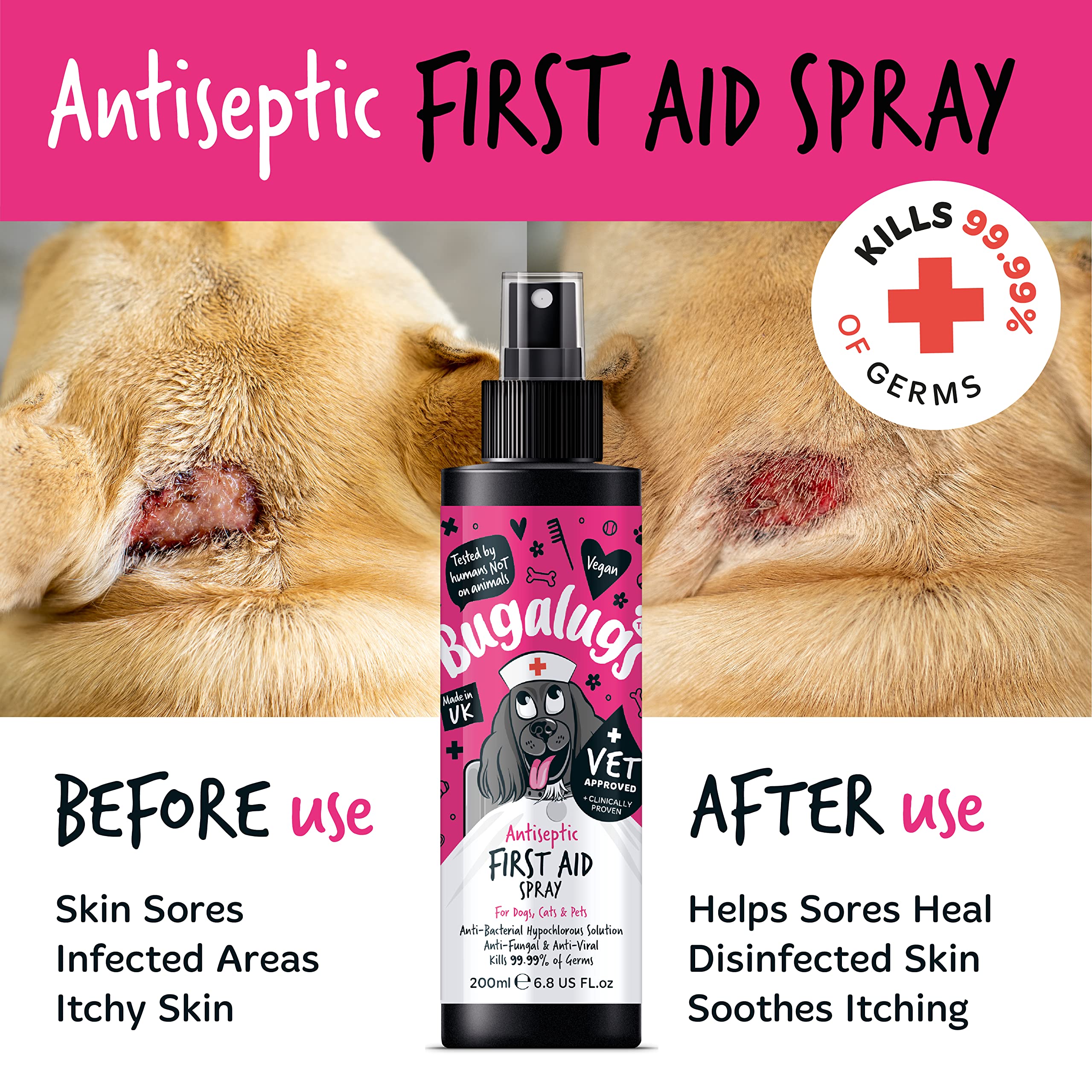 BUGALUGS First Aid Pet Antiseptic spray for dogs, puppy & cats 200ml - Antibacterial, Antiviral, Antifungal spray for cuts, wounds & itchy skin