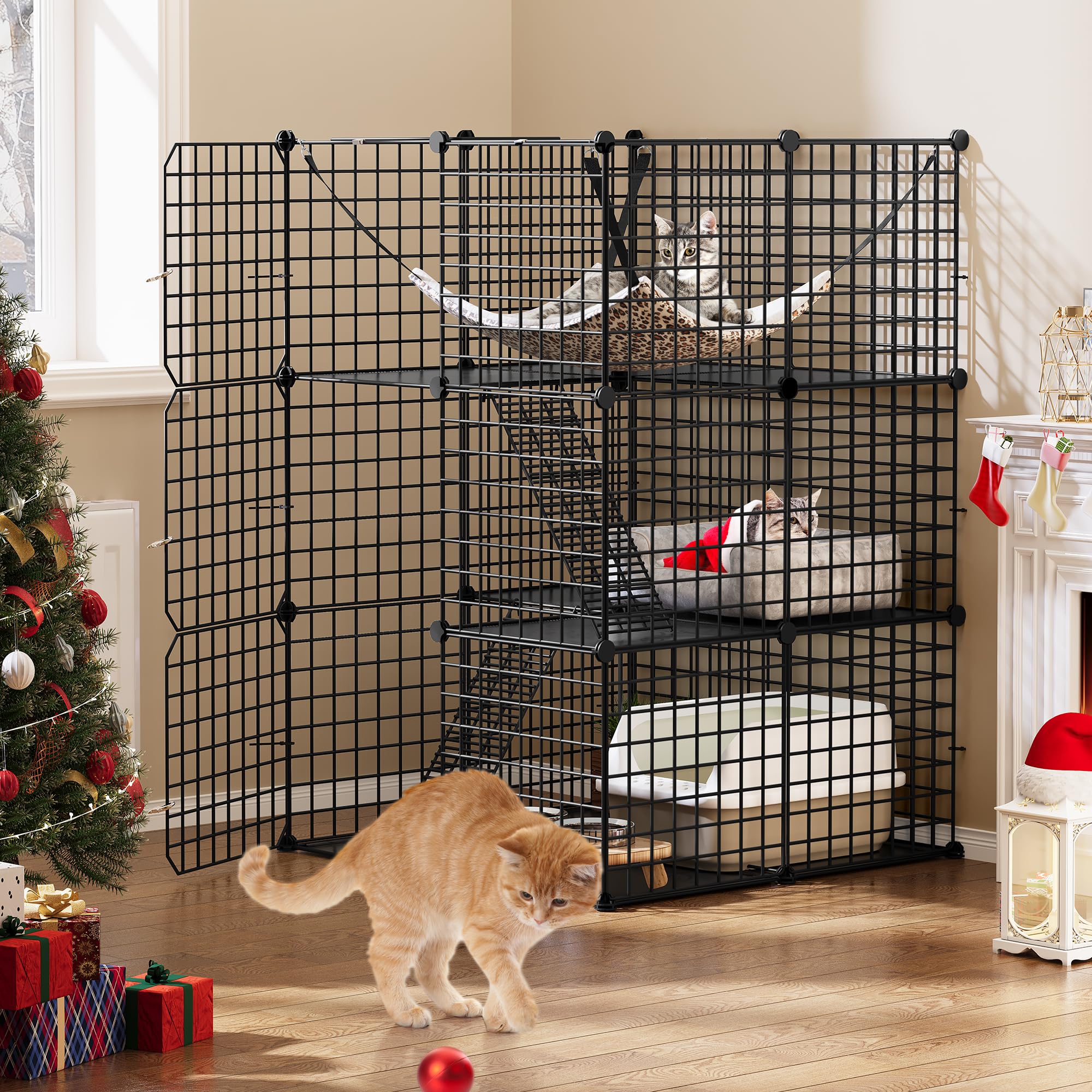 YITAHOME Cat Cage Indoor, DIY Cat Enclosures with 3 Doors, 2 Ladders, Metal Cat Playpen 3-Tiers Kennels Pet Crate with Extra Large Hammock, Pet Cage for 1-2 Cats Bunny Chinchilla Black 72x72x104 cm