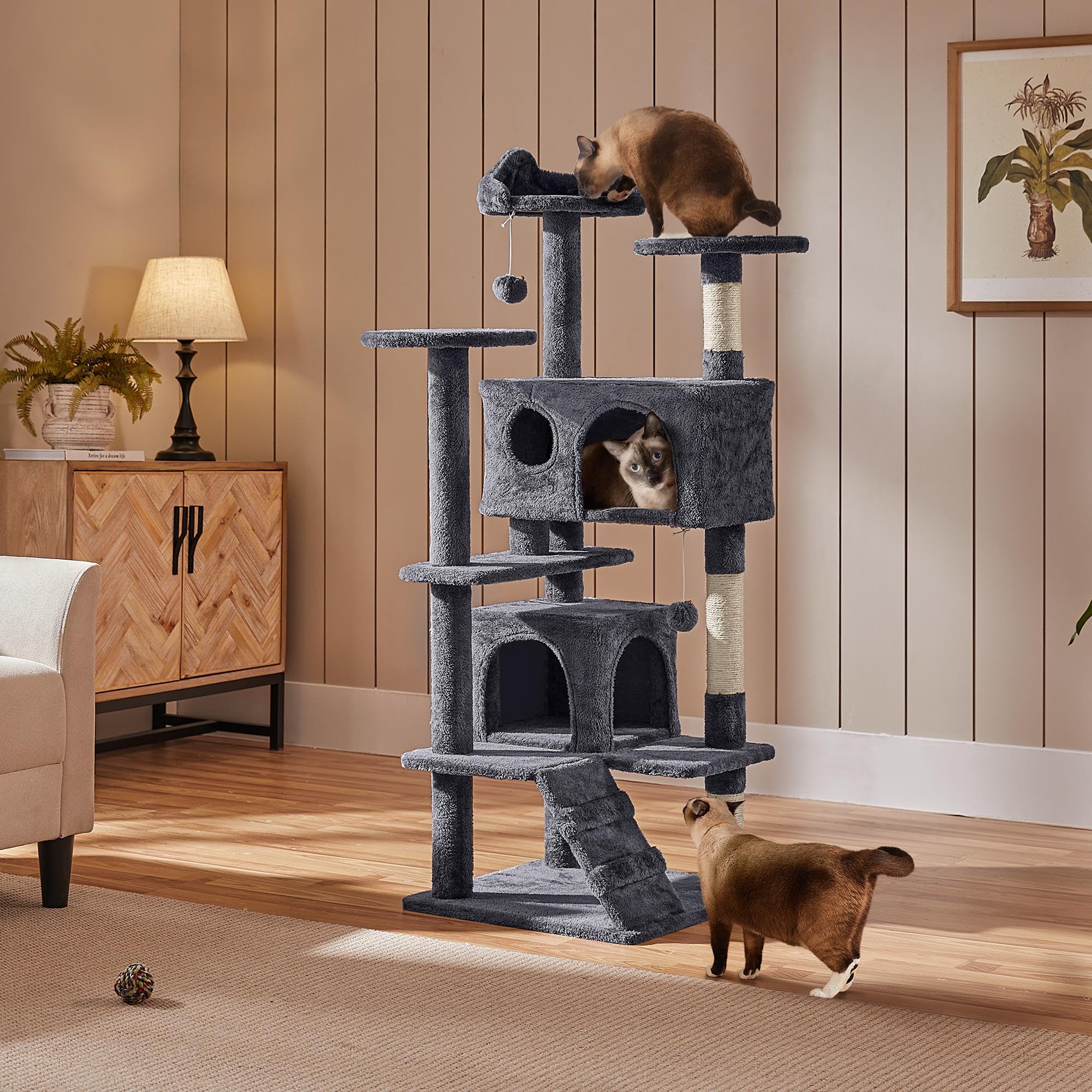 Yaheetech 138.5cm Cat Tree Tower Scratching Posts Multilevel Cat Climbing House with Condos & Ladder Pet Activity Centre for Indoor Kittens, Dark Grey