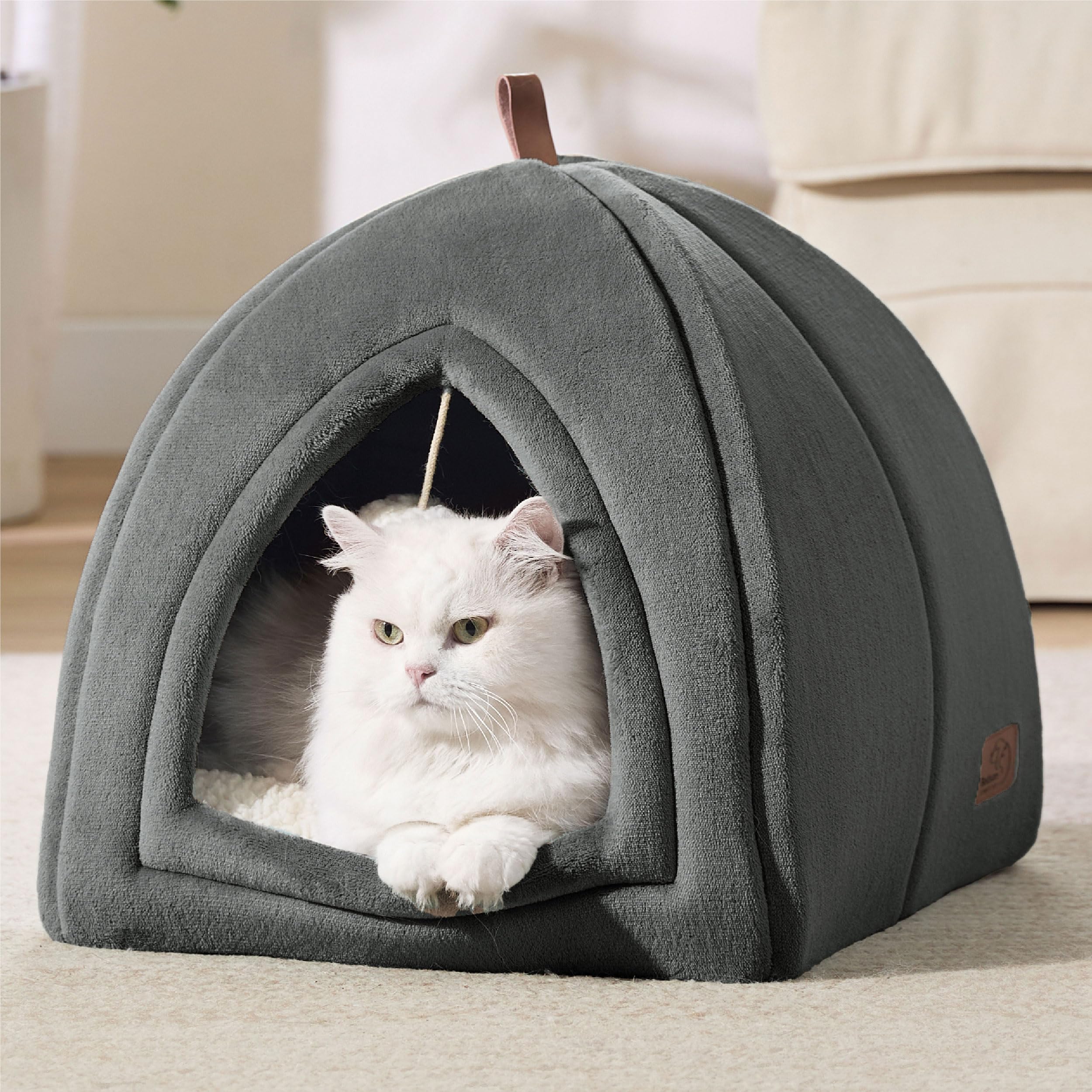 Bedsure Cat Cave Bed Indoor - Flannel Hooded Cat Igloo House, 40x40x40cm Enclosed Foldable Pet Bed with Removable Washable Cushion Pillow, Dark Grey