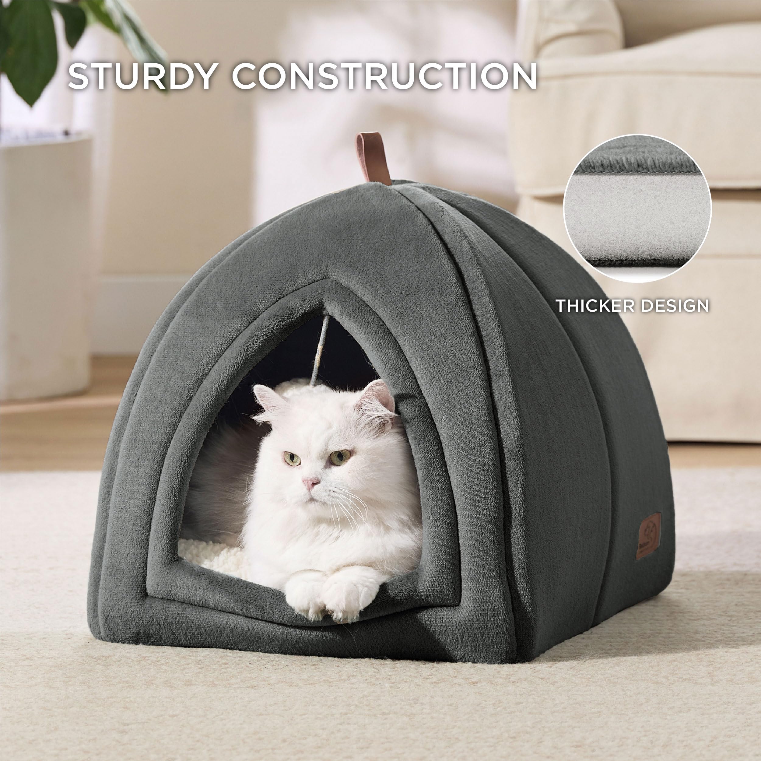 Bedsure Cat Cave Bed Indoor - Flannel Hooded Cat Igloo House, 40x40x40cm Enclosed Foldable Pet Bed with Removable Washable Cushion Pillow, Dark Grey