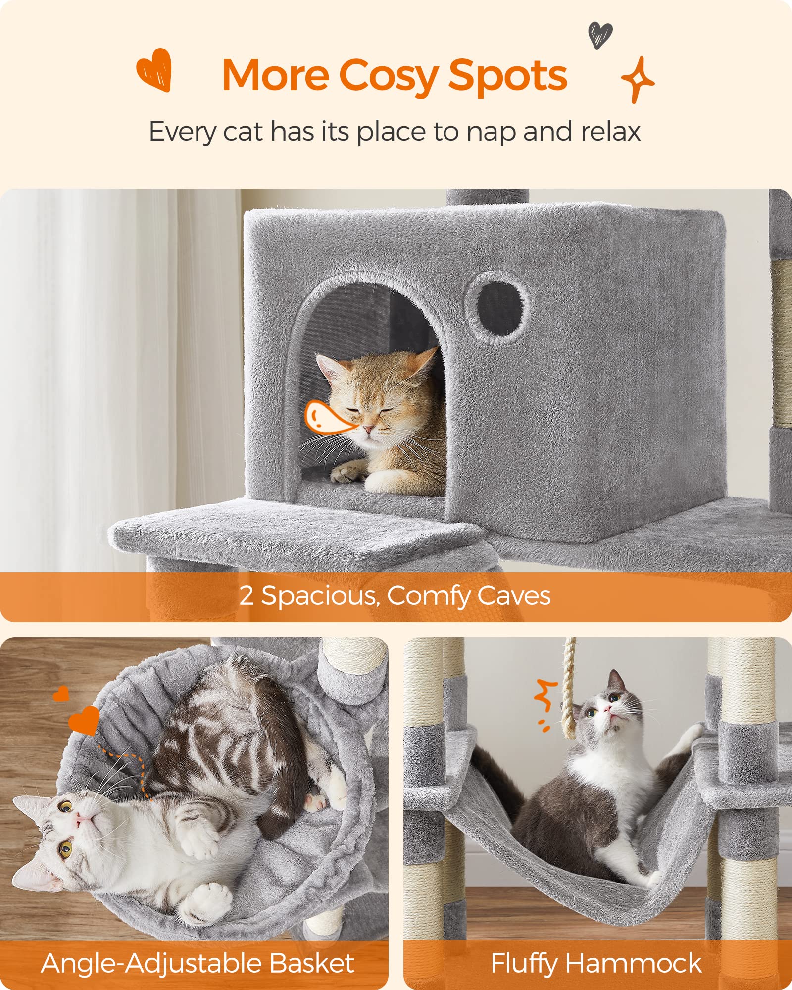 FEANDREA Cat Tree, 206 cm Large Cat Tower with 13 Scratching Posts, 1 Scratching Ramp, 2 Perches, 2 Caves, Basket, Hammock, Pompoms, Multi-Level Plush Cat Condo for Indoor Cats, Light Grey
