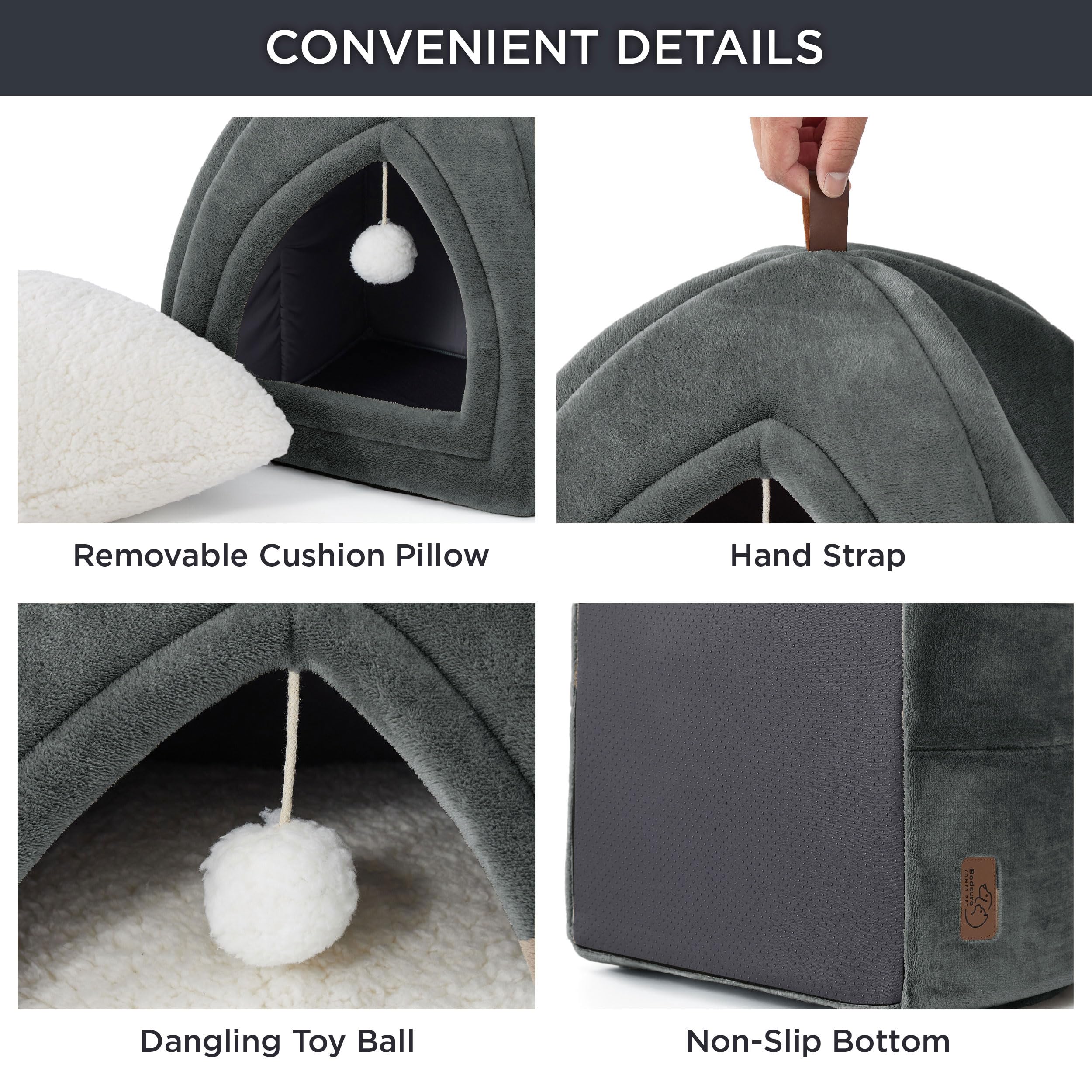 Bedsure Cat Cave Bed Indoor - Flannel Hooded Cat Igloo House, 40x40x40cm Enclosed Foldable Pet Bed with Removable Washable Cushion Pillow, Dark Grey